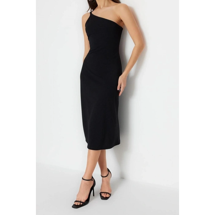 New Regular Day Night Scuba Crepe Knitted Asymmetrical Neck Strappy Sleeve A-Line Midi Length Dress