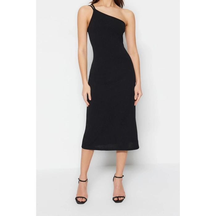 New Regular Day Night Scuba Crepe Knitted Asymmetrical Neck Strappy Sleeve A-Line Midi Length Dress