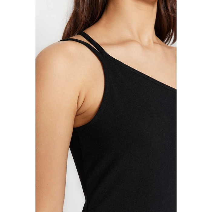New Regular Day Night Scuba Crepe Knitted Asymmetrical Neck Strappy Sleeve A-Line Midi Length Dress