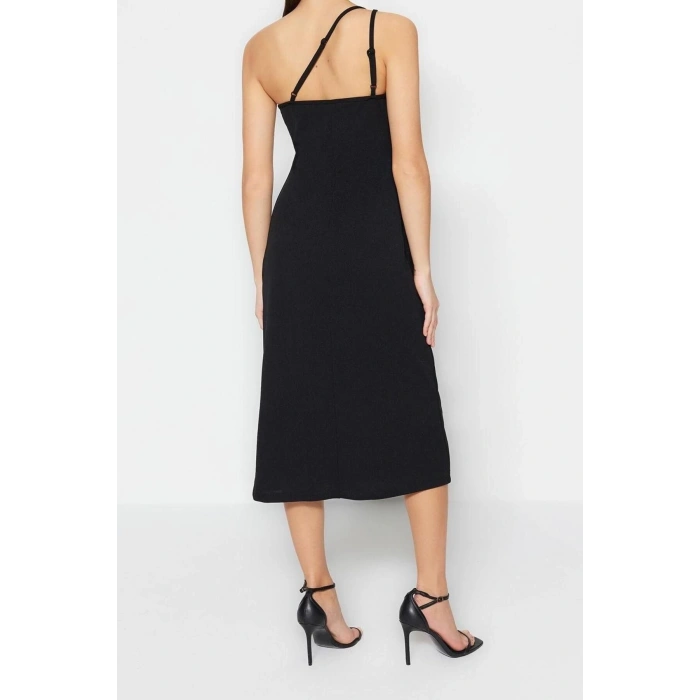 New Regular Day Night Scuba Crepe Knitted Asymmetrical Neck Strappy Sleeve A-Line Midi Length Dress