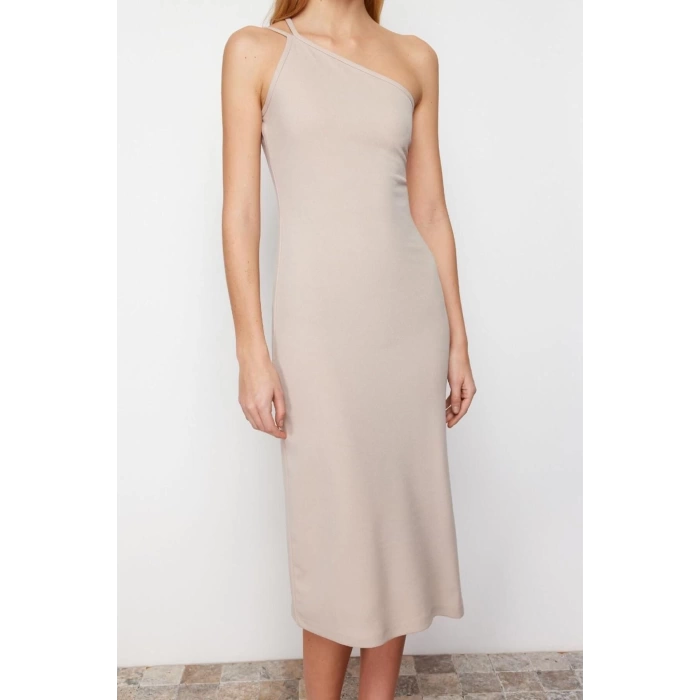 New Regular Day Night Scuba Crepe Knitted Asymmetrical Neck Strappy Sleeve A-Line Midi Length Dress