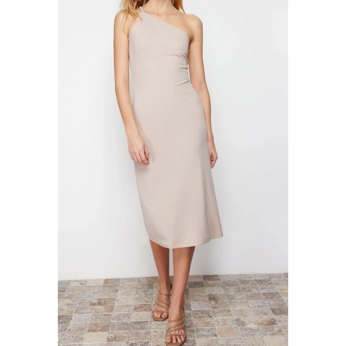 New Regular Day Night Scuba Crepe Knitted Asymmetrical Neck Strappy Sleeve A-Line Midi Length Dress