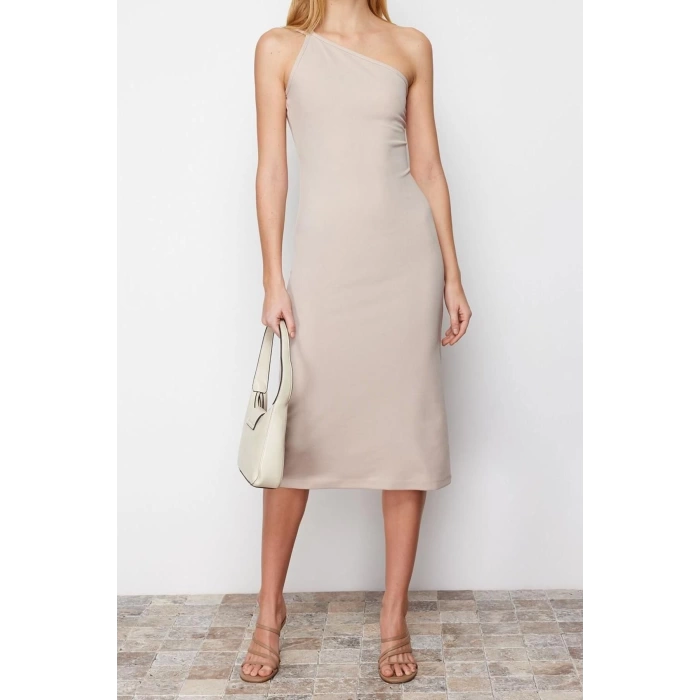New Regular Day Night Scuba Crepe Knitted Asymmetrical Neck Strappy Sleeve A-Line Midi Length Dress