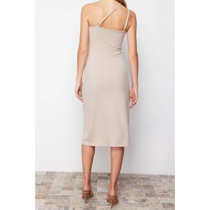 New Regular Day Night Scuba Crepe Knitted Asymmetrical Neck Strappy Sleeve A-Line Midi Length Dress