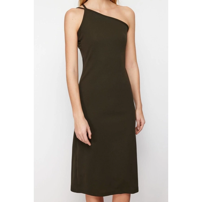New Regular Day Night Scuba Crepe Knitted Asymmetrical Neck Strappy Sleeve A-Line Midi Length Dress