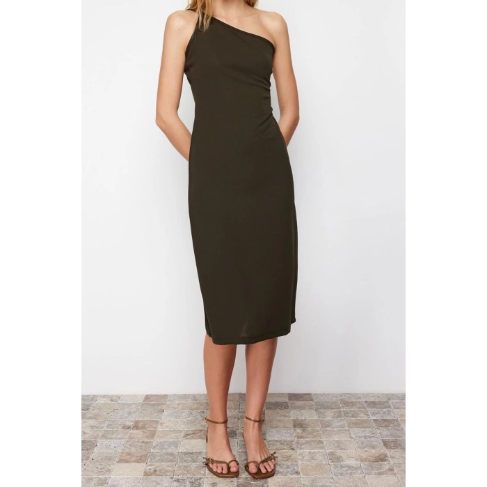 New Regular Day Night Scuba Crepe Knitted Asymmetrical Neck Strappy Sleeve A-Line Midi Length Dress