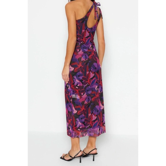 New Slim Day Night Tulle Knitted Asymmetrical Neckline Strappy Sleeve Bodycone Maxi Length Dress