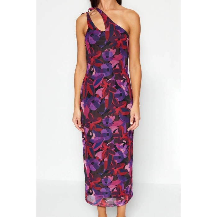New Slim Day Night Tulle Knitted Asymmetrical Neckline Strappy Sleeve Bodycone Maxi Length Dress