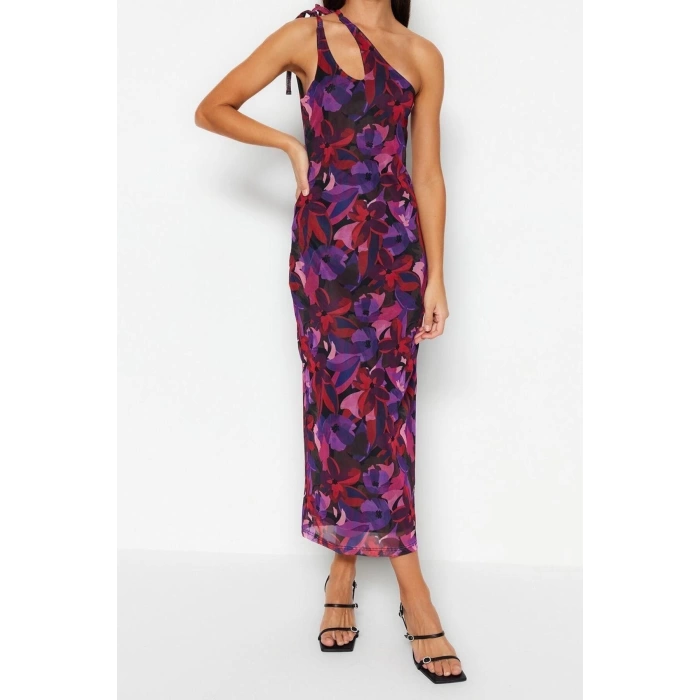 New Slim Day Night Tulle Knitted Asymmetrical Neckline Strappy Sleeve Bodycone Maxi Length Dress