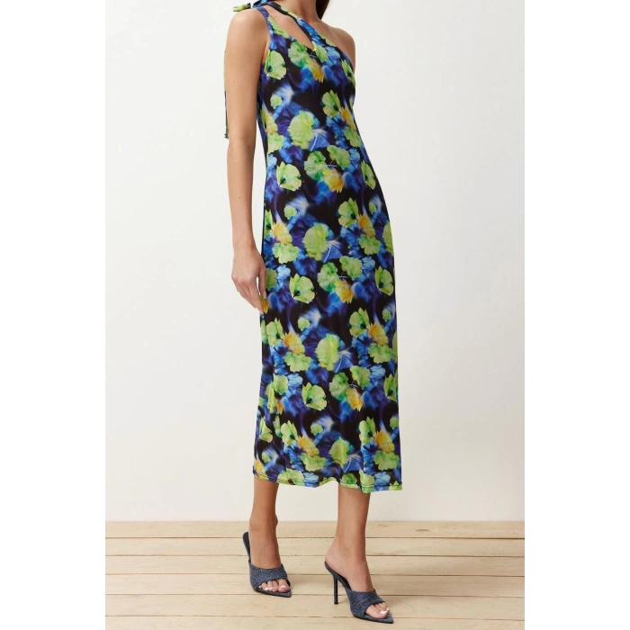 New Slim Day Night Tulle Knitted Asymmetrical Neckline Strappy Sleeve Bodycone Maxi Length Dress