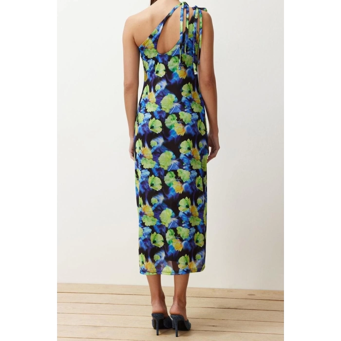 New Slim Day Night Tulle Knitted Asymmetrical Neckline Strappy Sleeve Bodycone Maxi Length Dress