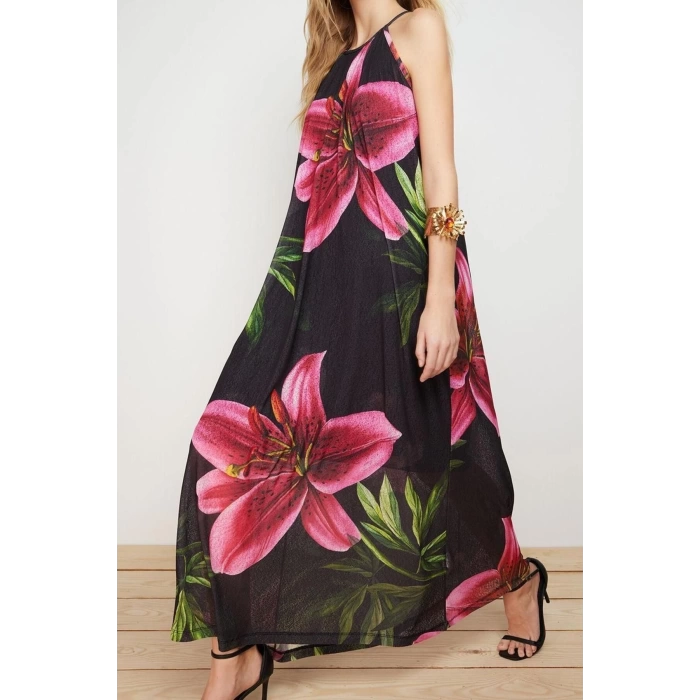 New Comfortable Casual Daily Foam Fabric Knitted Halter Neck Sleeveless Sleeve A-Line Maxi Length Dress