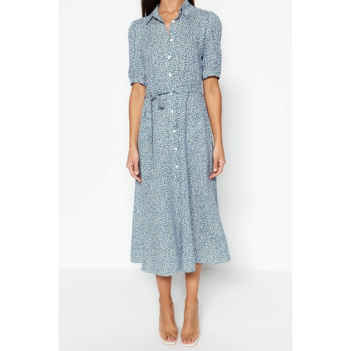 New Comfortable Casual Daily Shally Woven Shirt Collar Short Sleeve Shirt Dress Midi Length Dress