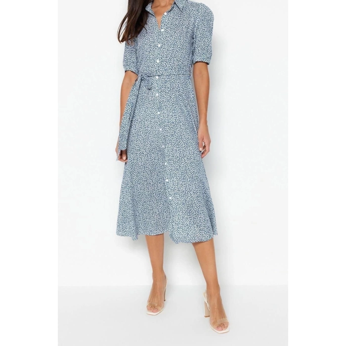 New Comfortable Casual Daily Shally Woven Shirt Collar Short Sleeve Shirt Dress Midi Length Dress