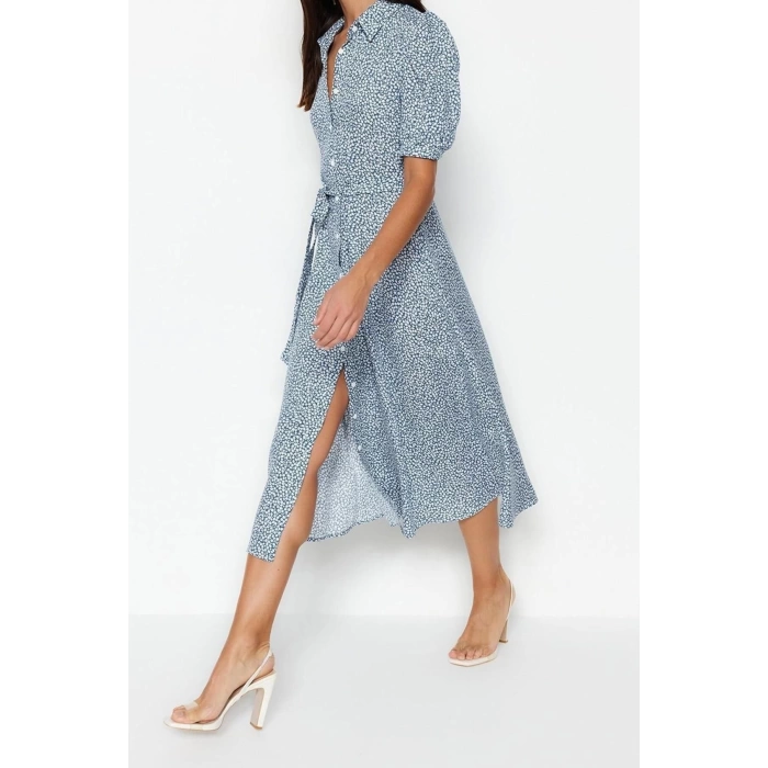 New Comfortable Casual Daily Shally Woven Shirt Collar Short Sleeve Shirt Dress Midi Length Dress
