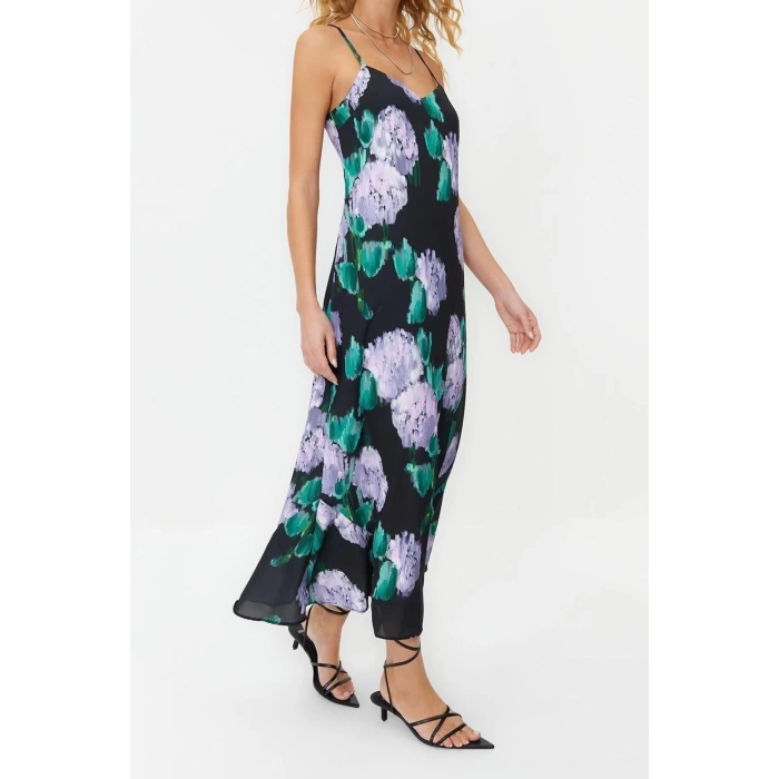 New Comfortable Day Night Matte Satin Woven V Neck Strap Sleeve A-Line Maxi Length Dress
