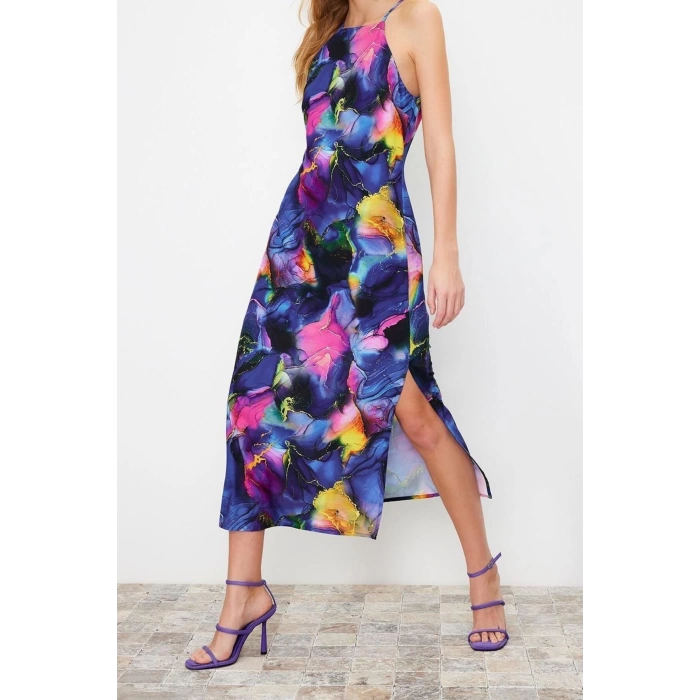 New Casual Day Night Matte Satin Woven Halter Neck Sleeveless Shift Midi Length Dress