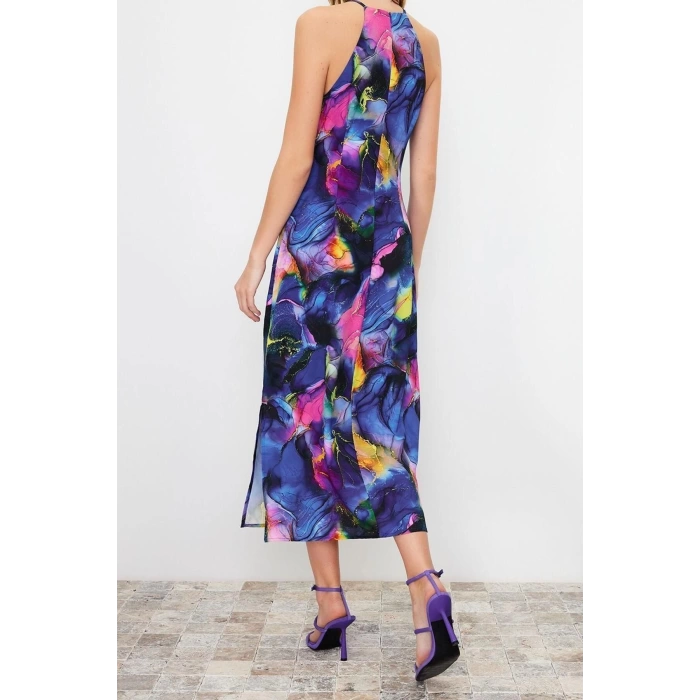 New Casual Day Night Matte Satin Woven Halter Neck Sleeveless Shift Midi Length Dress