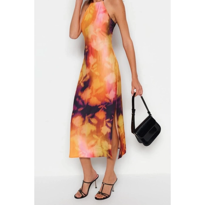 New Casual Day Night Matte Satin Woven Halter Neck Sleeveless Shift Midi Length Dress