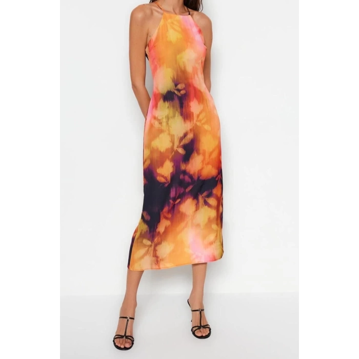 New Casual Day Night Matte Satin Woven Halter Neck Sleeveless Shift Midi Length Dress