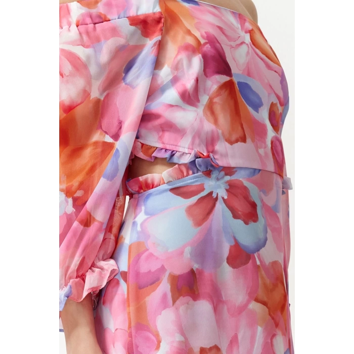 New Regular Day Night Chiffon Woven Carmen Collar Three Quarter Sleeve A-Line Maxi Length Dress