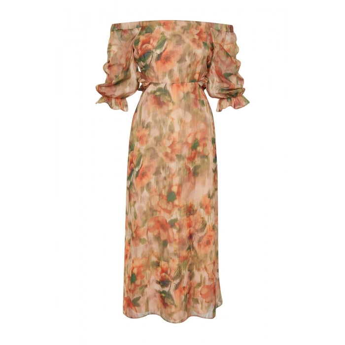 New Regular Day Night Chiffon Woven Carmen Collar Three Quarter Sleeve A-Line Maxi Length Dress
