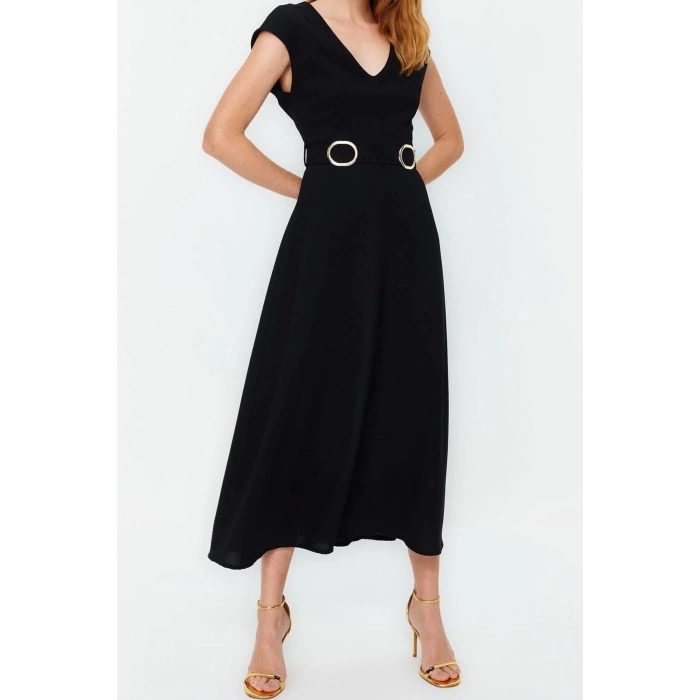 New Regular Business Crepe Woven V Neck Short Sleeve A-Line Midi Length Dress