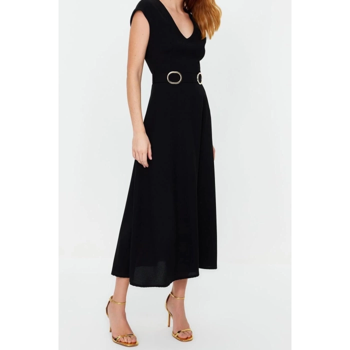 New Regular Business Crepe Woven V Neck Short Sleeve A-Line Midi Length Dress