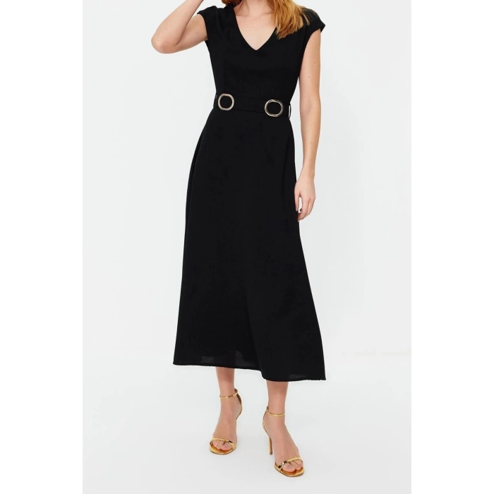 New Regular Business Crepe Woven V Neck Short Sleeve A-Line Midi Length Dress