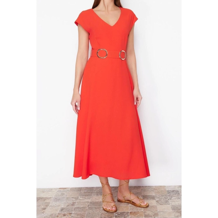 New Regular Business Crepe Woven V Neck Short Sleeve A-Line Midi Length Dress