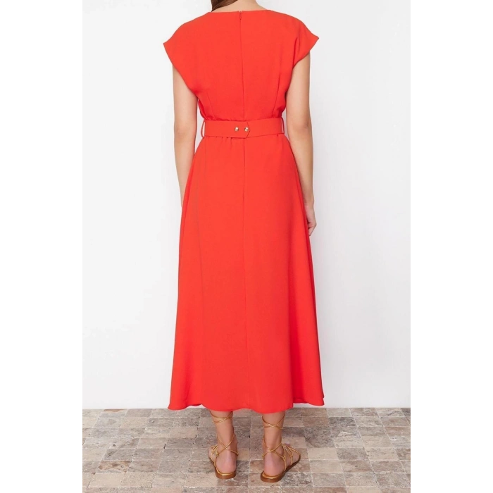 New Regular Business Crepe Woven V Neck Short Sleeve A-Line Midi Length Dress