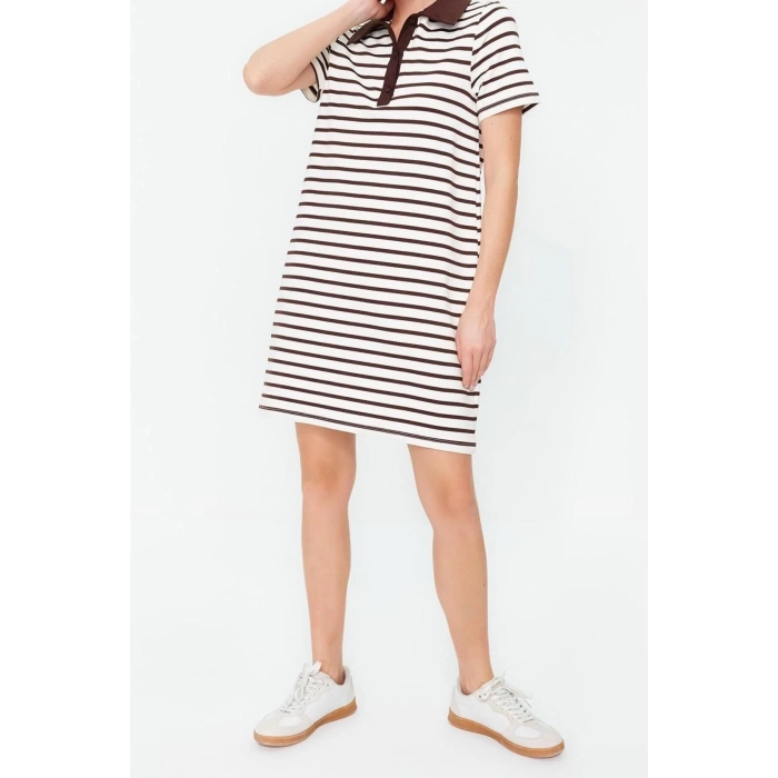 New Regular Casual Daily 2 Yarn Non-raised Knitted Polo Collar Short Sleeve T-Shirt Dress Mini Length Dress