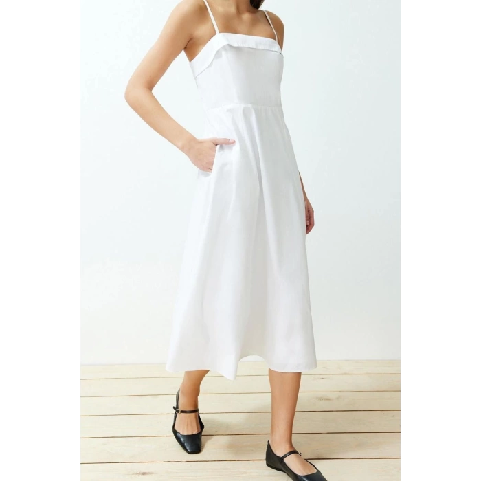 New Regular Casual Daily Poplin Woven Square Neck Strappy Sleeve Skater Midi Length Dress