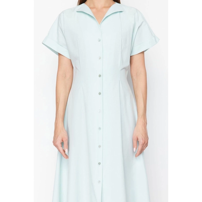 New Regular Casual Daily Poplin Woven Shirt Collar Short Sleeve Shirt Dress Midi Length Dress