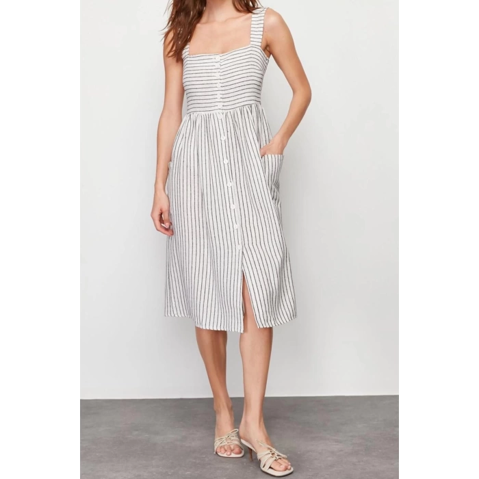 New Regular Daily Linen Look Woven Shirt Collar Strappy Sleeve Shirt Dress Midi Length Dress