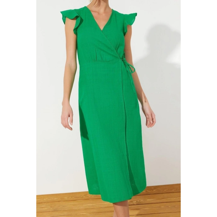 New Regular Casual Daily Linen Look Woven Double Breasted Short Sleeve Wrap Midi Length Dress
