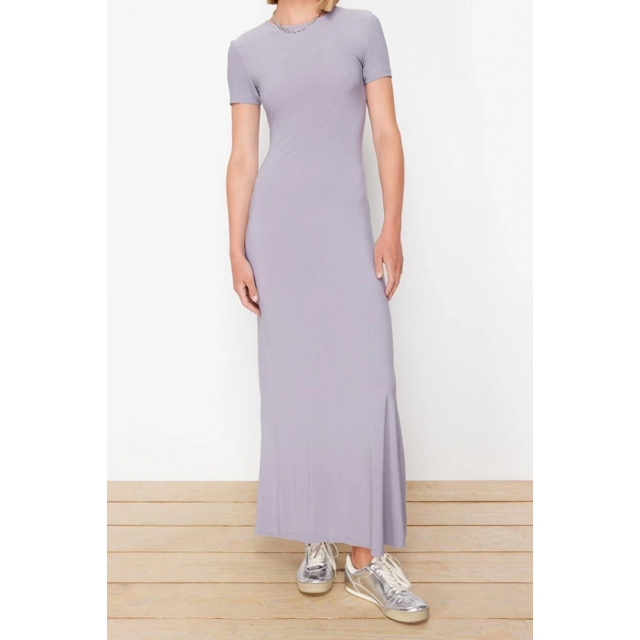 New Slim Casual Daily Thick Sandy Knitted Crew Neck Short Sleeve Bodycone Maxi Length Dress