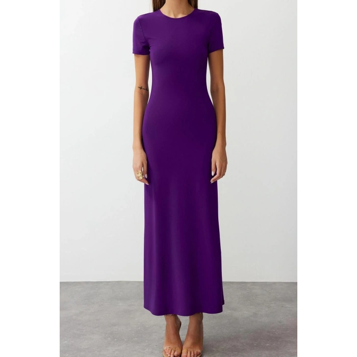 New Slim Casual Daily Thick Sandy Knitted Crew Neck Short Sleeve Bodycone Maxi Length Dress