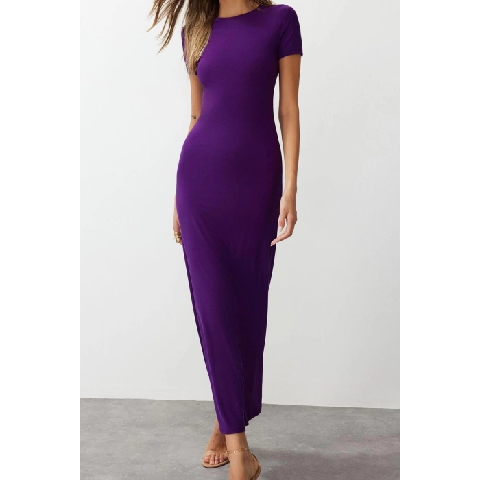 New Slim Casual Daily Thick Sandy Knitted Crew Neck Short Sleeve Bodycone Maxi Length Dress