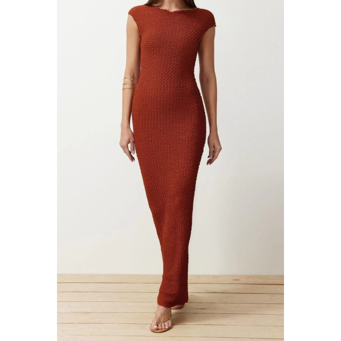 New Slim Casual Daily Textured Knitted Boat Neck Short Sleeve Bodycone Midi Length Dress