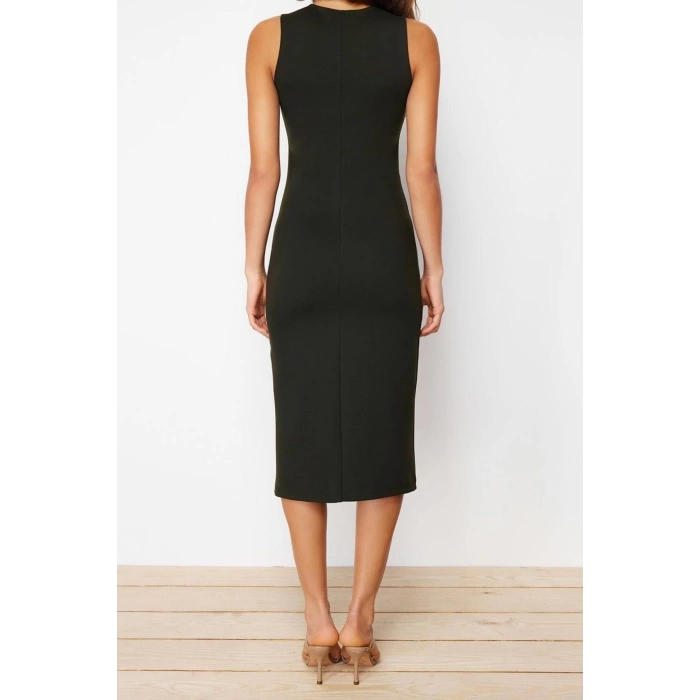 New Slim Business Interlock Knit Crew Neck Sleeveless Sleeve Bodycone Midi Length Dress