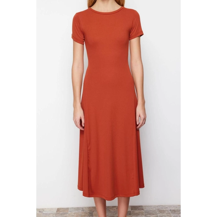 New Regular Casual Daily Rib Camisole Knitted Crew Neck Short Sleeve Skater Maxi Length Dress