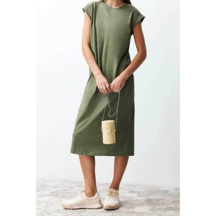 New Casual Daily 20 in 1 Combed Cotton Jersey Knitted Crew Neck Short Sleeve T-Shirt Dress Midi Length Dress
