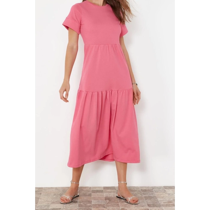 New Regular Daily 20 1 Combed Cotton Jersey Knitted Crew Neck Short Sleeve Frilled Skirt Midi Length Dress