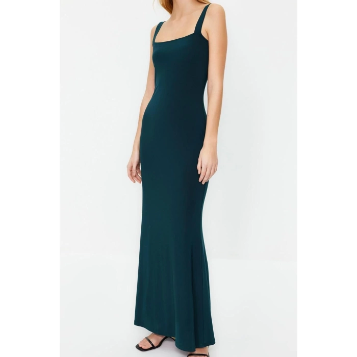 New Slim Casual Daily Thick Sandy Knitted Square Neck Strappy Sleeve Bodycone Maxi Length Dress