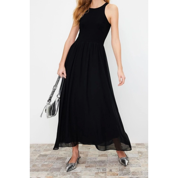 New Regular Day Night Chiffon Woven Halter Neck Sleeveless Sleeve Skater Maxi Length Dress
