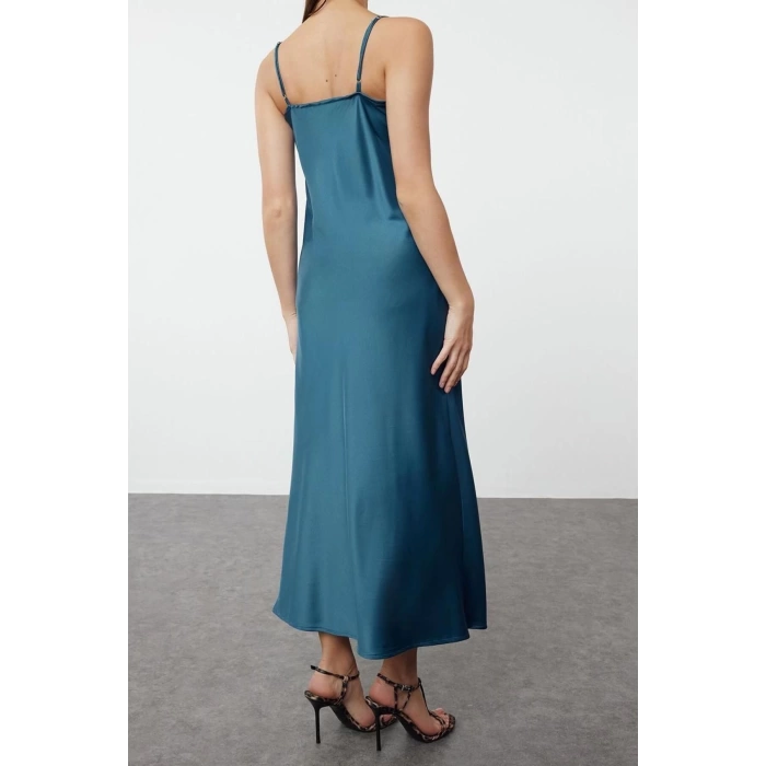 New Regular Day Night Satin Woven V Neck Strappy Sleeve Shift Maxi Length Dress