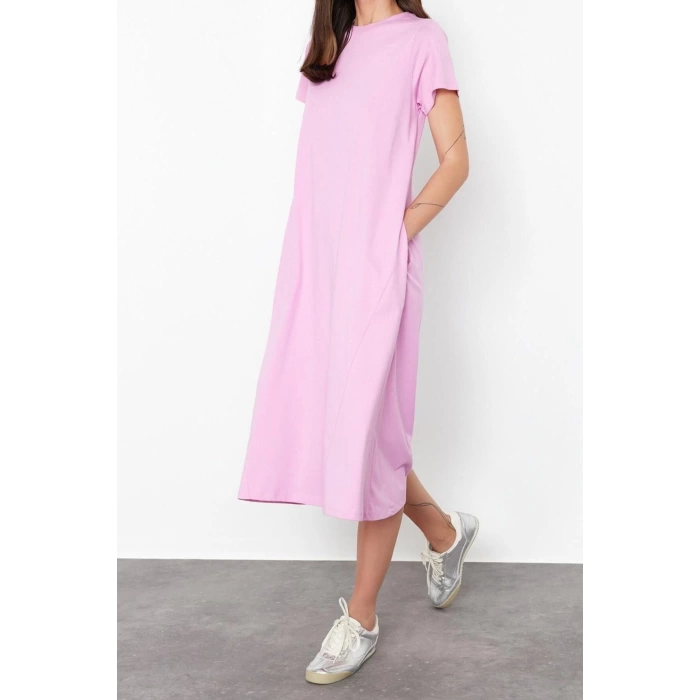 New Regular Daily 20 1 Combed Jersey Knitted Crew Neck Short Sleeve T-Shirt Dress Midi Length Dress