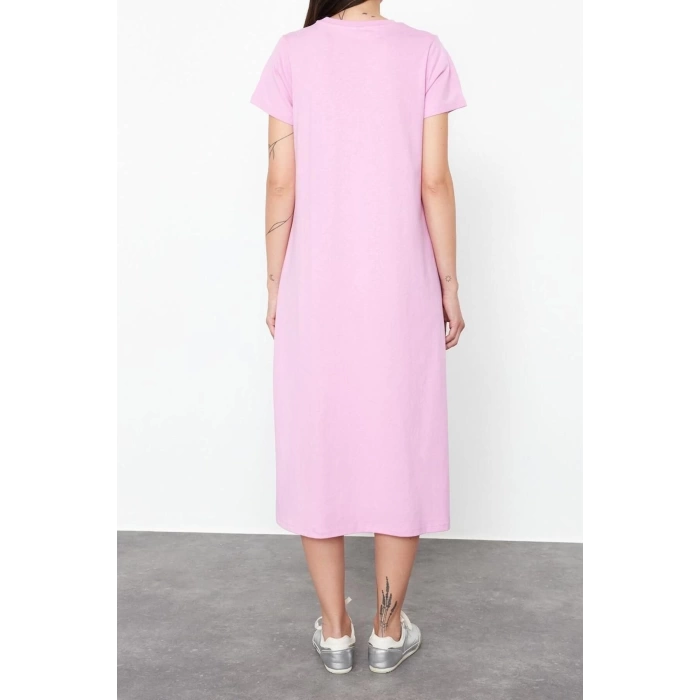 New Regular Daily 20 1 Combed Jersey Knitted Crew Neck Short Sleeve T-Shirt Dress Midi Length Dress