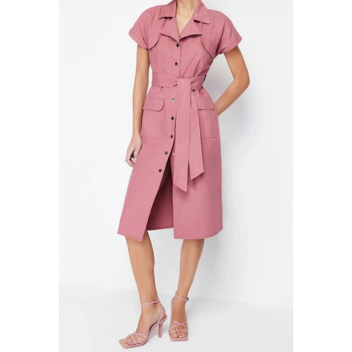 New Regular Casual Daily Gabardine Woven Shirt Collar Short Sleeve Shirt Dress Midi Length Dress